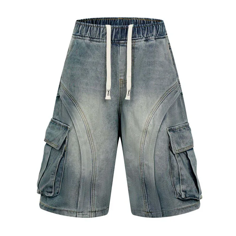 

Hip Hop Vintage Casual Jeans Pants Streetwear Straight Cargo Denim Short For Male Multi Pockets