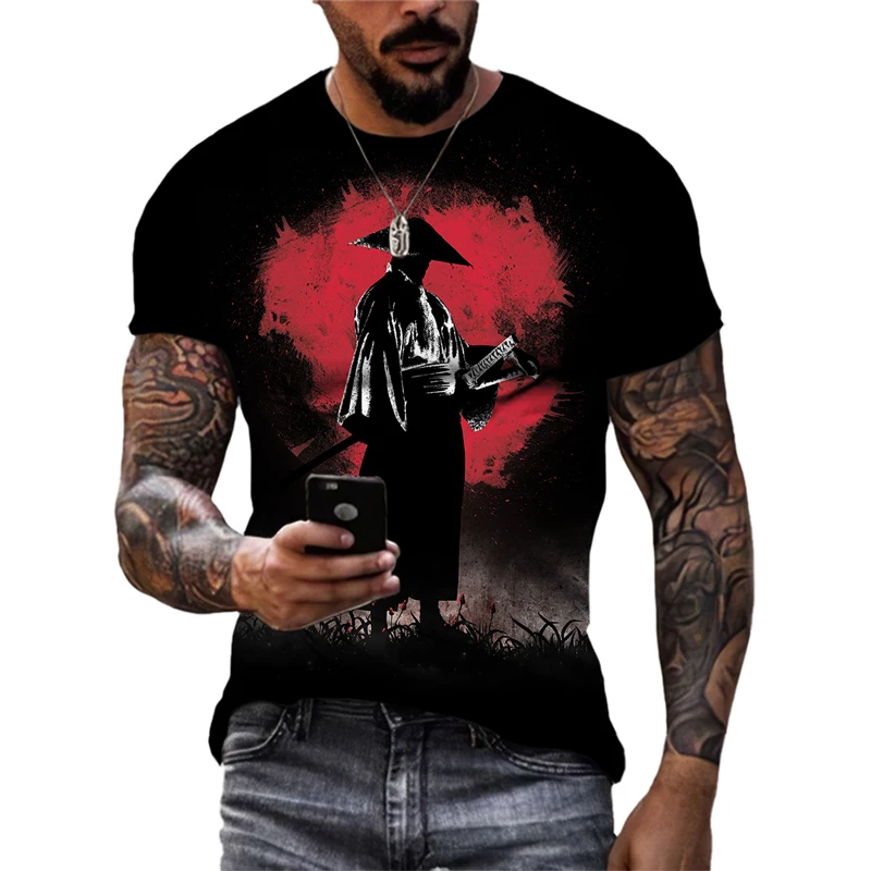 New Men's Samurai Graphic Print 3D T-shirt Street Hip-hop Trend Short-sleeved Top Casual Personality Fashion Round Neck Clothing