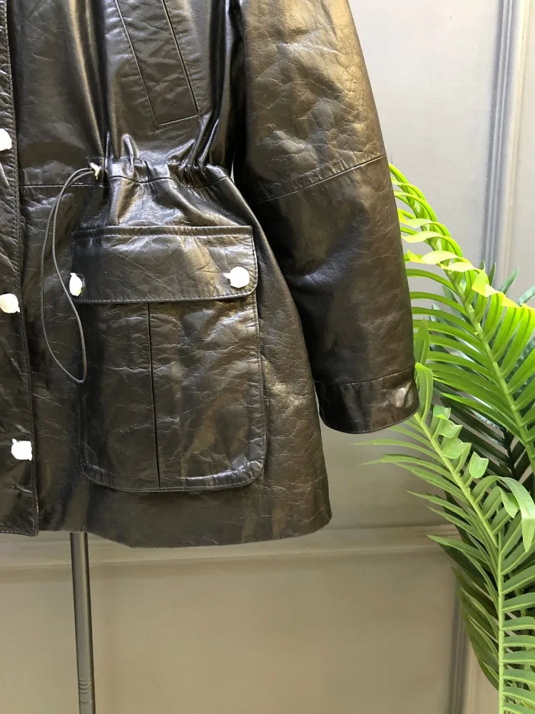 Nuevas mujeres negro con capucha cremallera piel de vaca cuero genuino cera de aceite chaqueta de plumas de ganso abrigo de mujer invierno cálido prendas de vestir exteriores de longitud media