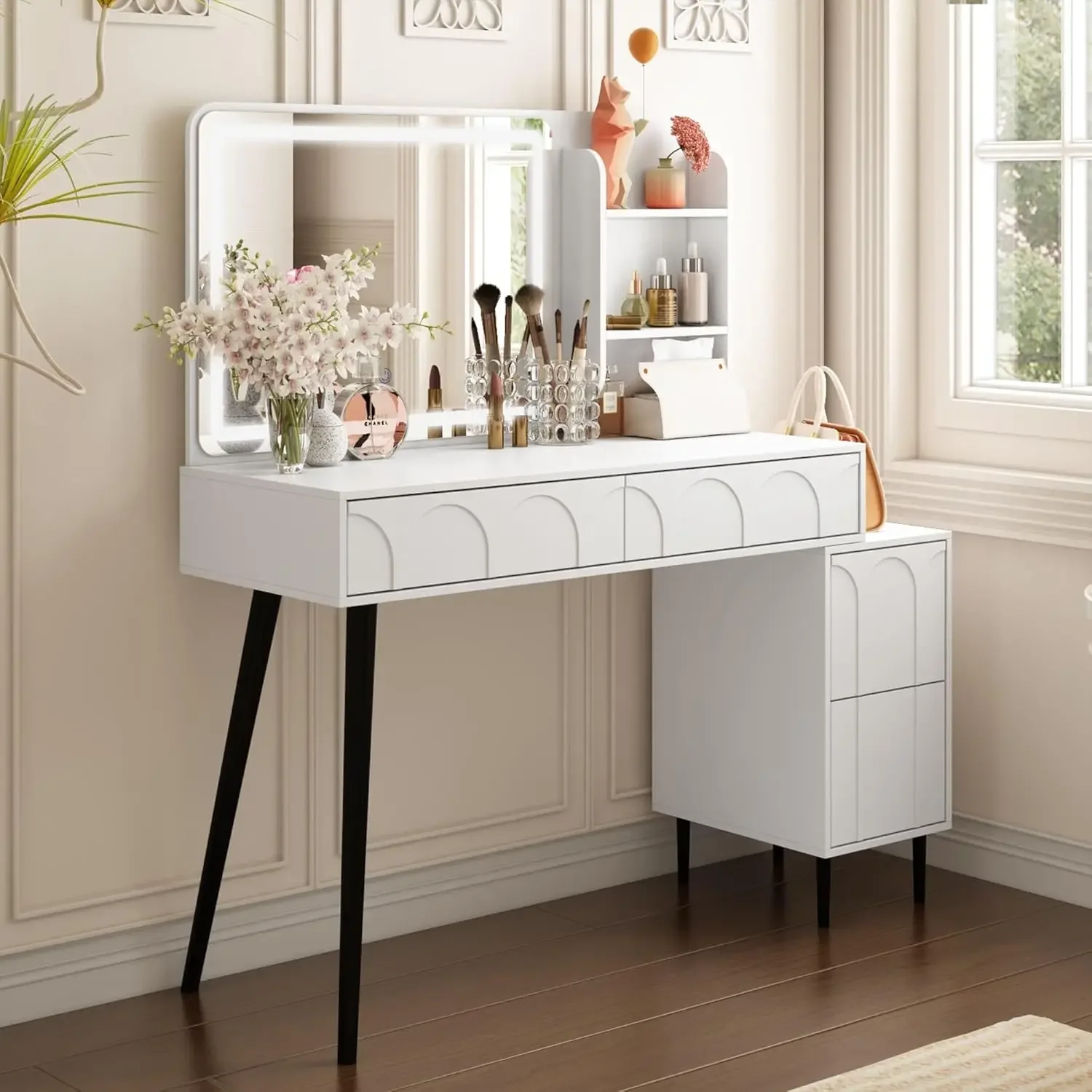 Beauty Organization Needs White French Modern Contemporary Glass MDF Vanity Desk Mirror And Lighting