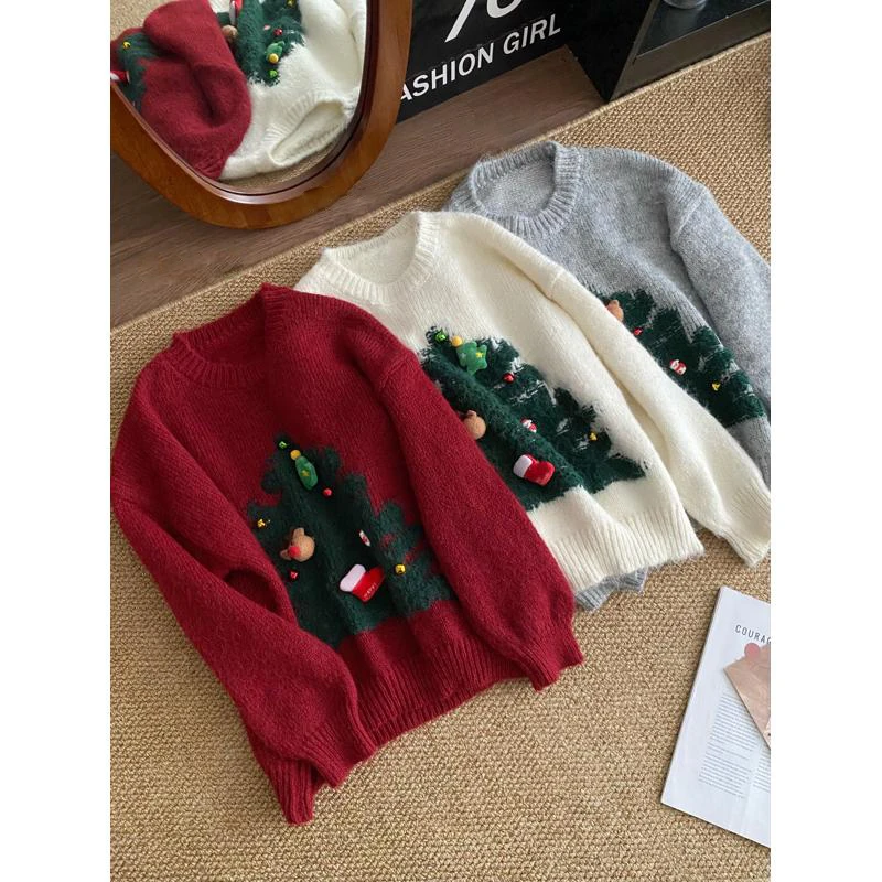 FIGOHR Women's Red Sweater Autumn/Winter New Christmas Tree O-Neck Loose Knitted Tops Casual Pullover Sweaters Women 2025