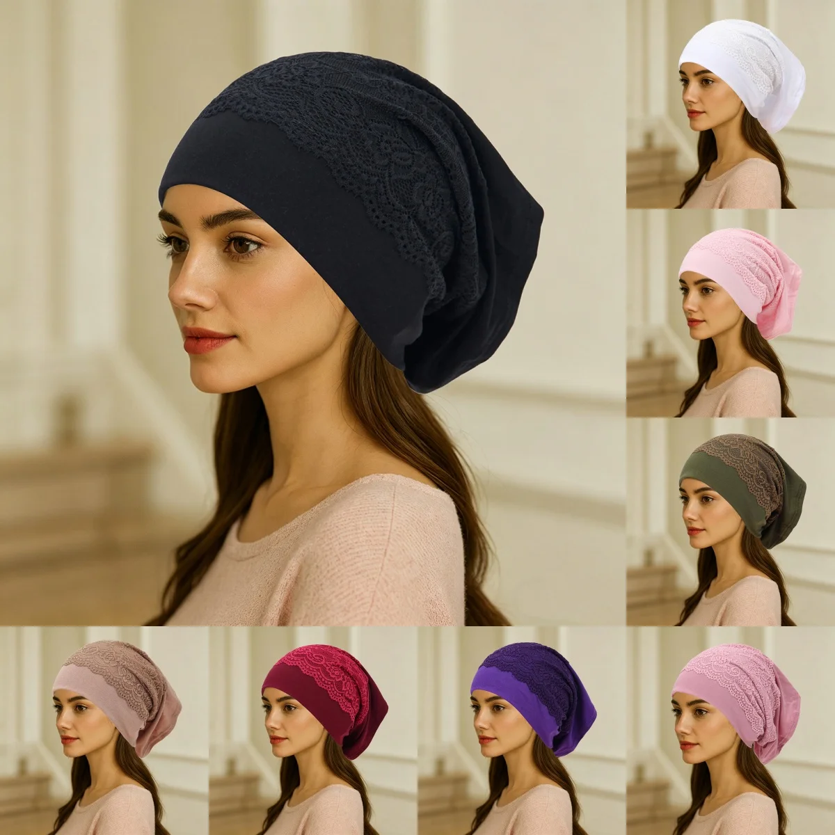 

Solid Color Inner Hijabs Undercap With Lace Muslim Turban Islam Underscarf Hijab Bonnet Soft Stretch HIjabs Tube Cap Turbante