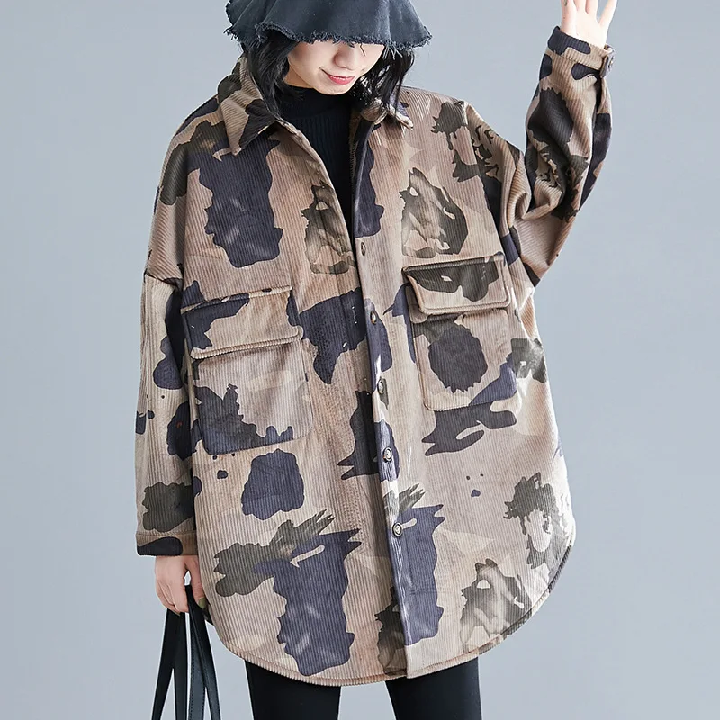 Johnature 2024 Fall Winter New Women Long Coats Korean Edition Camouflage Print Corduroy Pleece Thick Cotton Casual Jackets