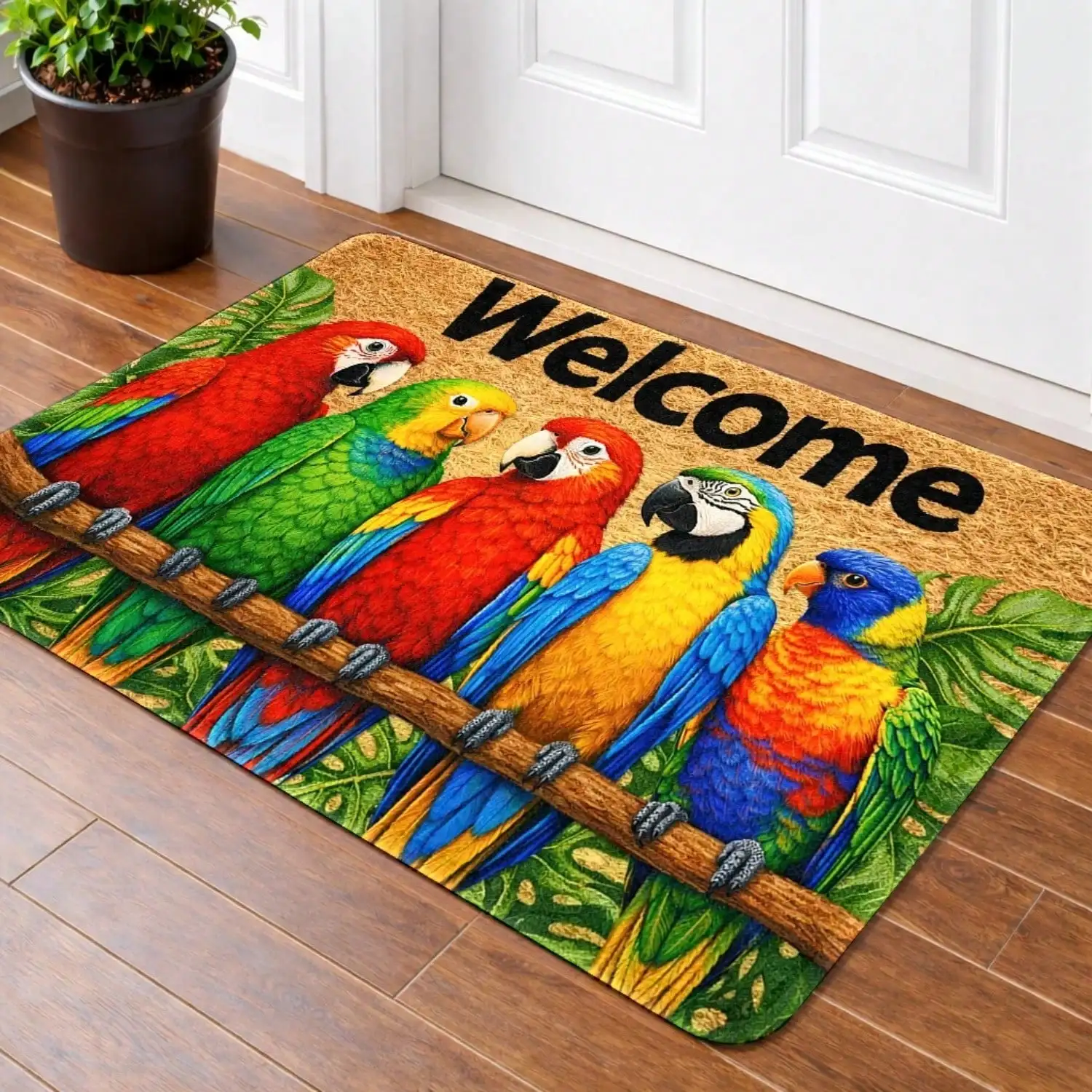 Welcome Doormat Featuring A Tropical Parrot, Designed To Prevent Slipping And Trap Dirt, Suitable For Home Entrances And Outdoor Patios. This Cartoon Animal