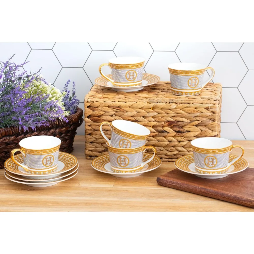 Royalty Porcelain Tea Set - Luxurious 12 Piece Service for 6 - Ornate Mosaic and 24K Gold Leaf Accents - 6 oz Cups and Saucers