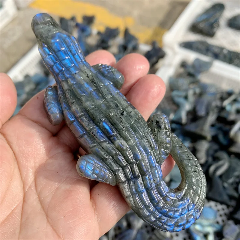 Natural Labradorite Crystal Crocodile Carving Animal Polished Statue Healing Gem Crafts For Home Office Trinket Decoration 1pcs