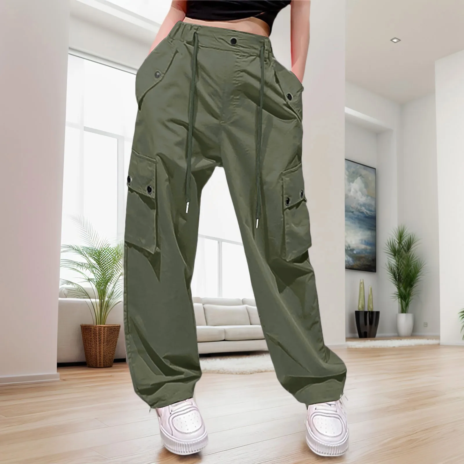 Womens High Waist Parachute Pants Cargo Trousers With Pockets Linen Women Striped Bell Bottoms Women