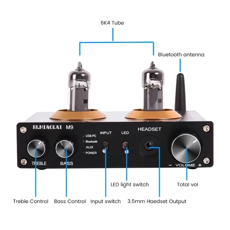 Imagem -02 - Pré-amplificador de Tubo a Vácuo Ne5532 op Amp Aux Bluetooth 5.0 Usb Rca Hifi Estéreo Mini Pré-amplificador de Auscultadores Pj.miaolai a9 6k4