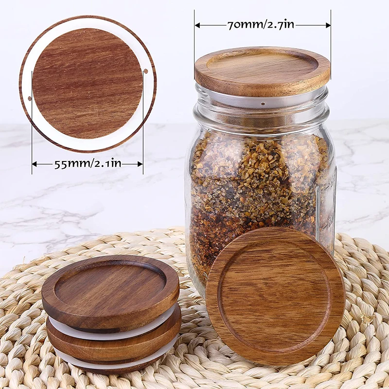 20 Pieces 70mm Wood Mason Jar Lid Storage Bottles Silicone Seal Ring Wide Mouth Cover Kitchen Organization Wood Jar Lid