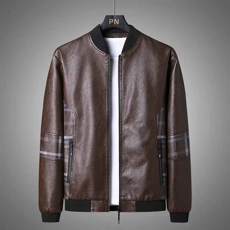

Men Stand Collar Slim Pu Leather Jacket Fashion Motorcycle Causal Coat Winter Mens Coat Autumn Side Plaid Spliced Leather Jacket