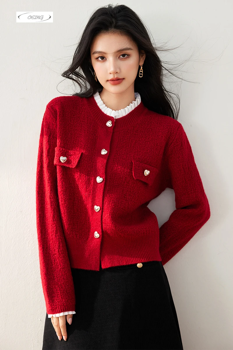 

Винтажный однобортный красный вязаный кардиган во французском стиле с длинными рукавами, свитер для женщин, осень-зима, элегантные свободные топы 3537