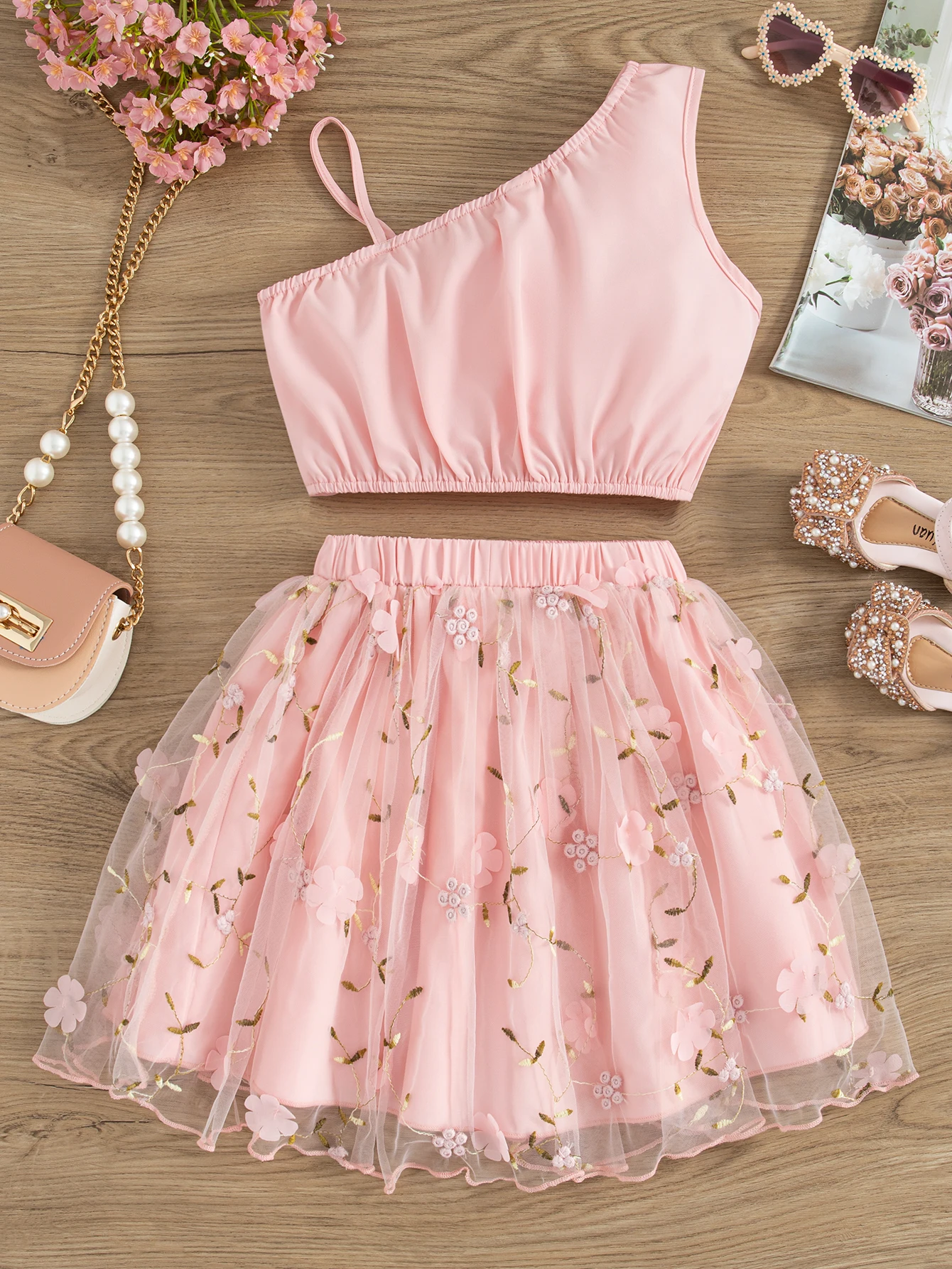 Teenagers summer daily leisure out sleeveless design solid color shirt and mesh stitching skirt two sets of girls skirt set