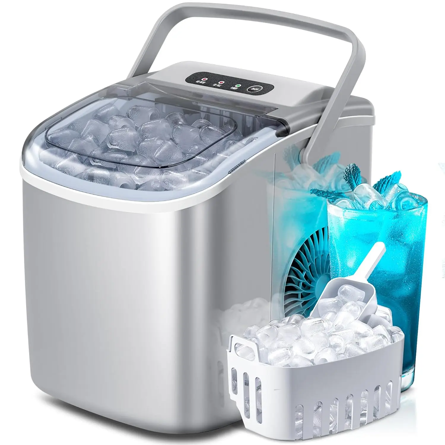 Portable Countertop Ice Maker Machine with Handle, 9 Bullet-Shaped Ice Cubes Ready in 6 Mins, 26Lbs/24H,Customized