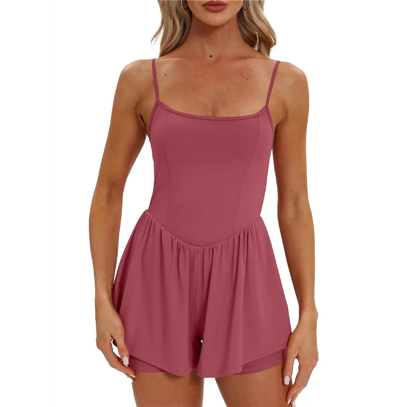 Pagliaccetti estivi senza maniche da donna con cinturino per spaghetti, pantaloncini a doppia fodera, tuta Outfits-A55G