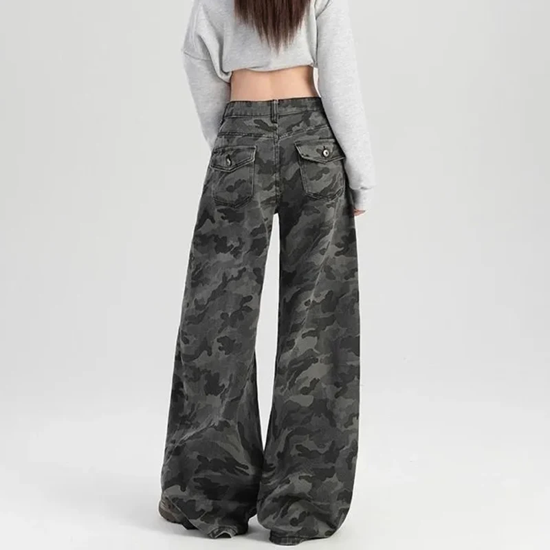 

Camouflage American Street Cargo Jeans Women High Waisted Vintage Casual Straight Pants Pocket Harajuku Y2K Subculture Trousers
