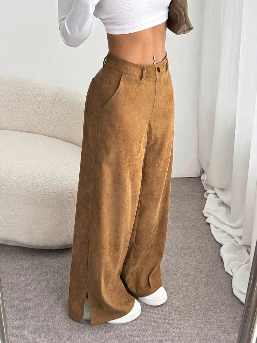 Pantalones Anchos de Pana Marrón con Abertura Lateral para Mujer, Casuales de Otoño e Invierno