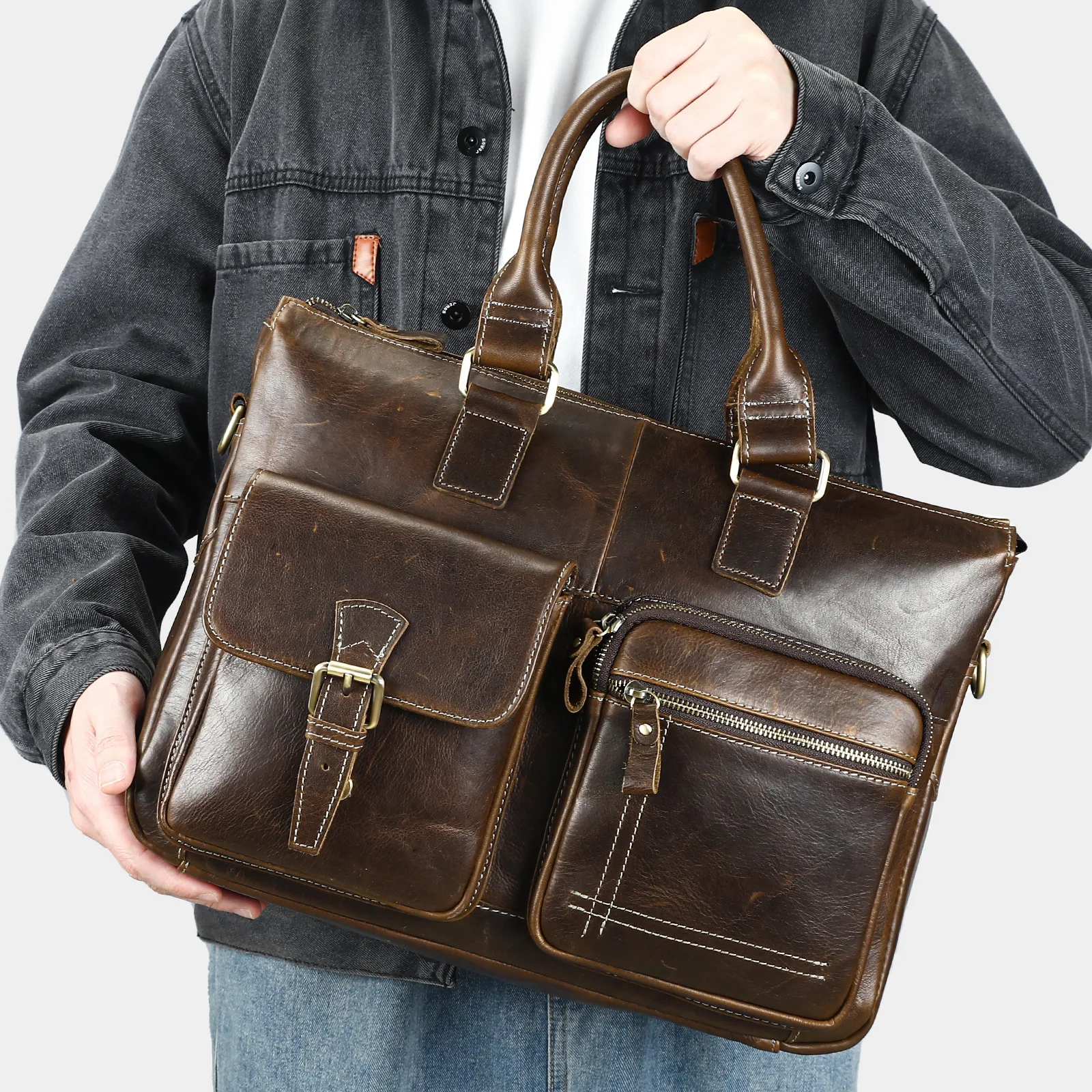 Valigetta per laptop da uomo in pelle di grana superiore |   Spaziosa borsa a tracolla |   Nuovo messaggero da lavoro aziendale
