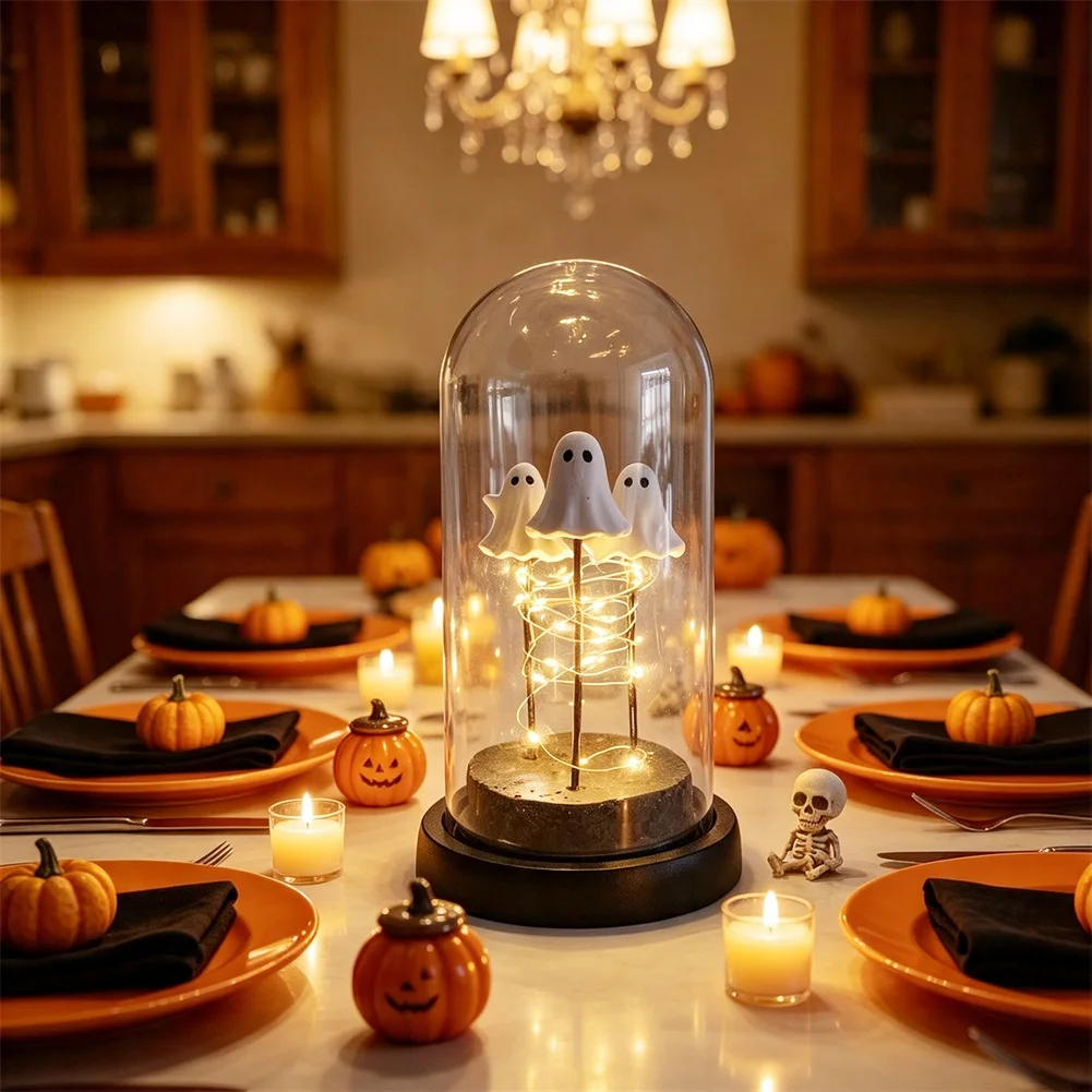 Halloween Ghosts Decorations LED Lights Up Ghosts in Clear-Dome Cute Indoor Tabletop Light for Mantel Fireplace Night Light