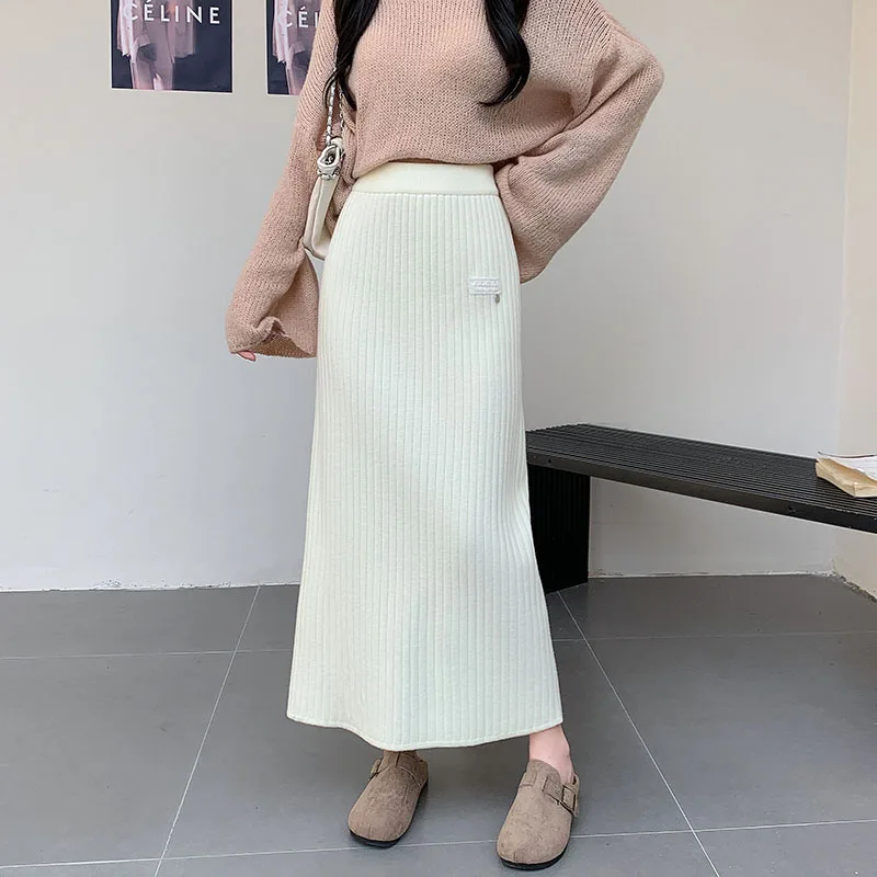 

Женская трикотажная юбка-миди, зимняя высокая талия, толстая теплая облегающая юбка трапециевидной формы, облегающая эластичная длинная юбка, элегантные повседневные юбки