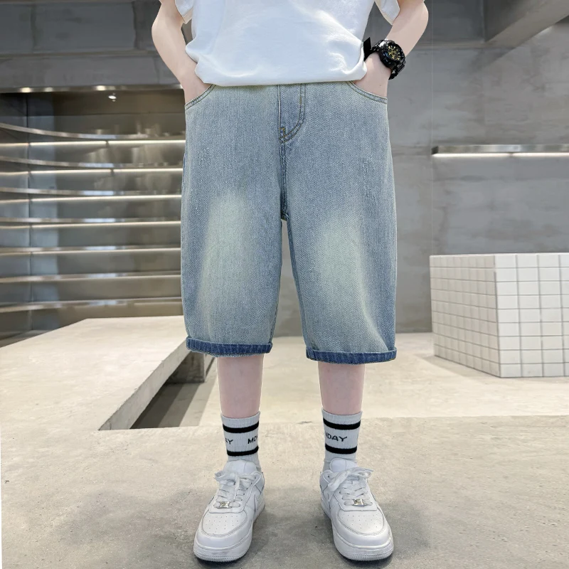 Korte stijl kinderen zomershorts voor jongens effen kleur denim shorts jeans kinderen tiener casual capribroek 5 7 9 11 13 14 jaar