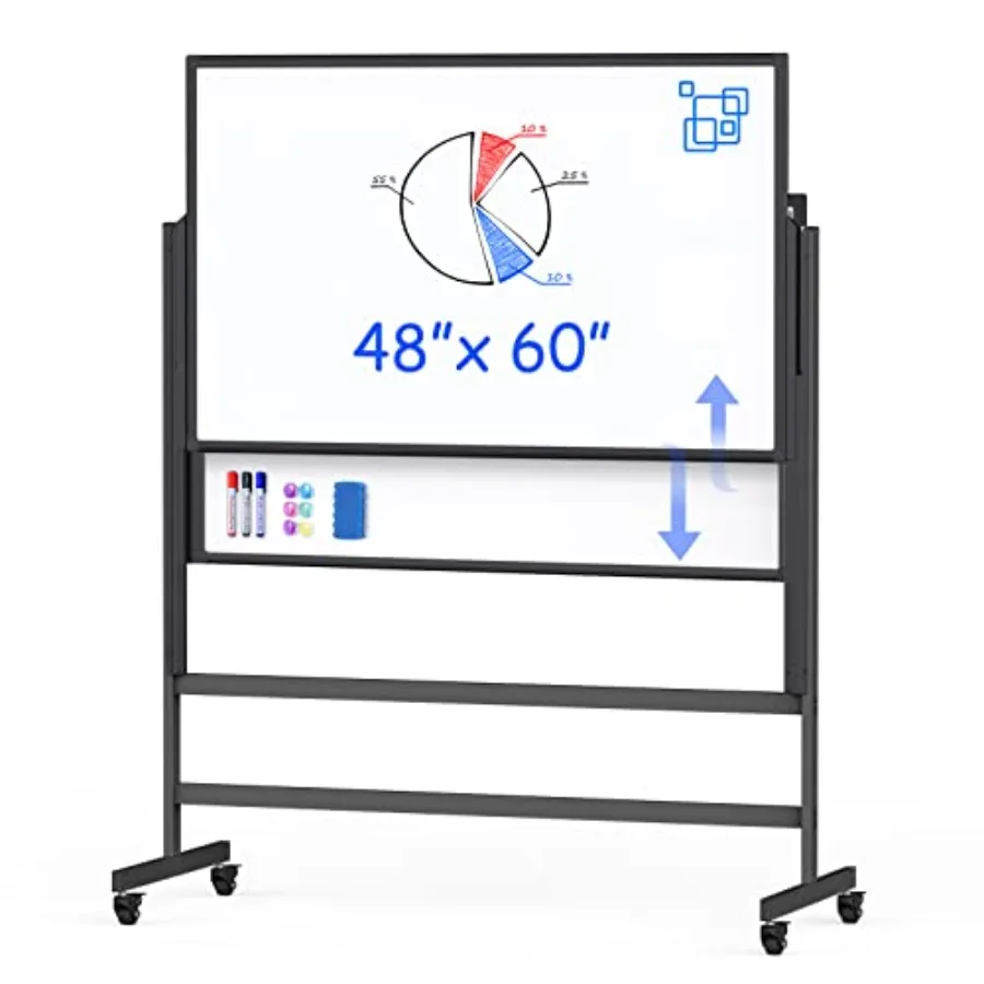 

Двусторонняя белая доска на колесиках 48x60 дюймов (4'x5'), большая магнитная мобильная доска для сухого стирания с регулируемой по высоте подставкой, на колесиках, белая