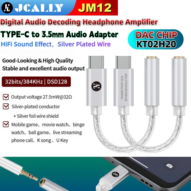 

JCALLY JM12 Type-C to 3.5mm DAC Chip KT02H20 DSD128 Digital Audio Decoding Headphone Amplifier HiFi Mobile Headset Audio Adapter