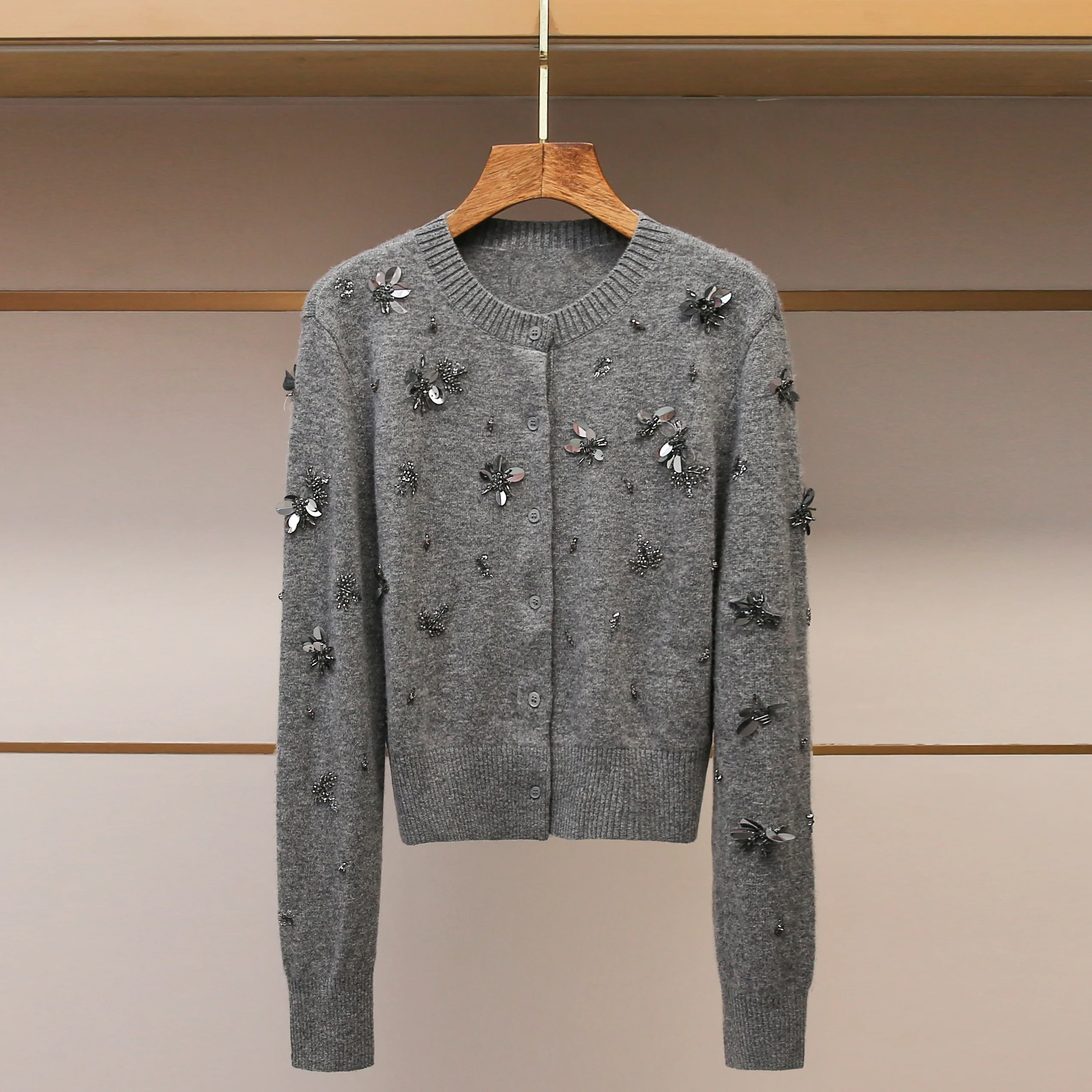 

High-End Women's ort Knitted Cardigan Mirror Sequin Heavy Embroidery Casual Sle Outdoor Wear round Ne Long Sve Knitwear