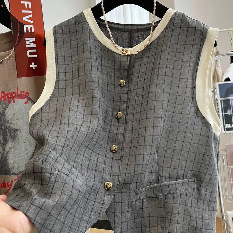 여성 여름 스타일 반팔 탑을 위한 우아한 격자 무늬 겉옷 조끼
