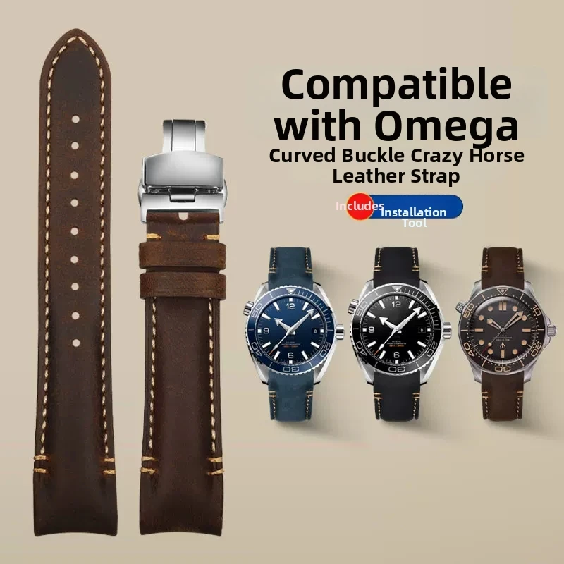 22mm 20mm Arc Curved End strap Crazy Horse leather vintage watchband For Omega Seamaster 300 600 AT150 AQUA TERRA men watch Belt