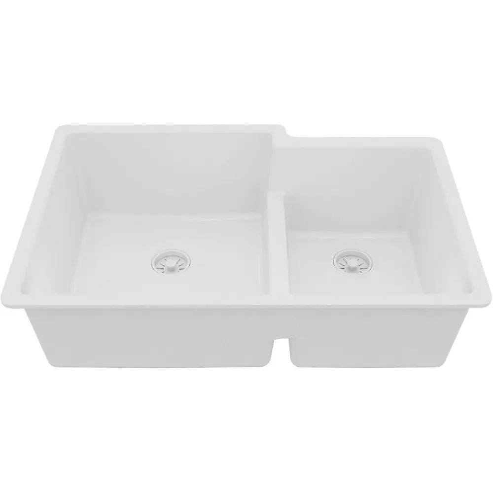 

32 Undermount Large/Small 60/40 Quartz Composite Kitchen Sink in White, Low Divider, Rear Drain, 80% Natural Quartz, 535° Heat R