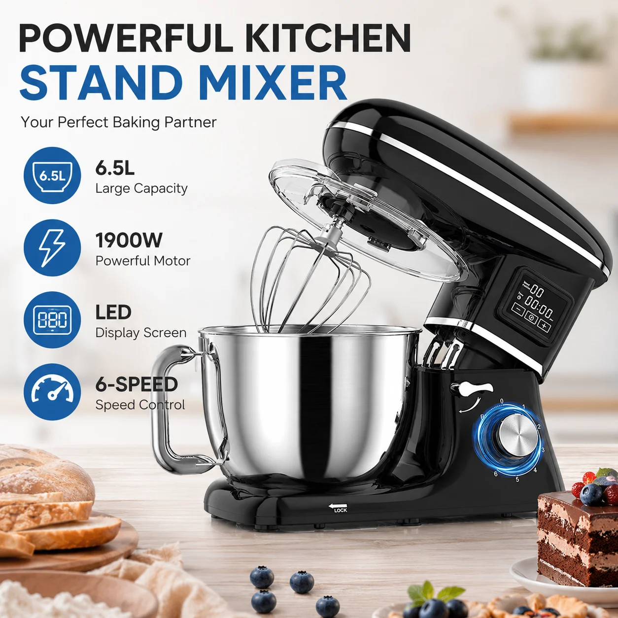 6,5L Standmixer, 1900W Leistungsstarker Küchenmixer mit LED-Digitalanzeige, 6-Gang Elektrischer Kippkopf-Teigkneter, Multifunktionaler Teigkneter mit Knethaken, Schneebesen, Rührbesen und 304