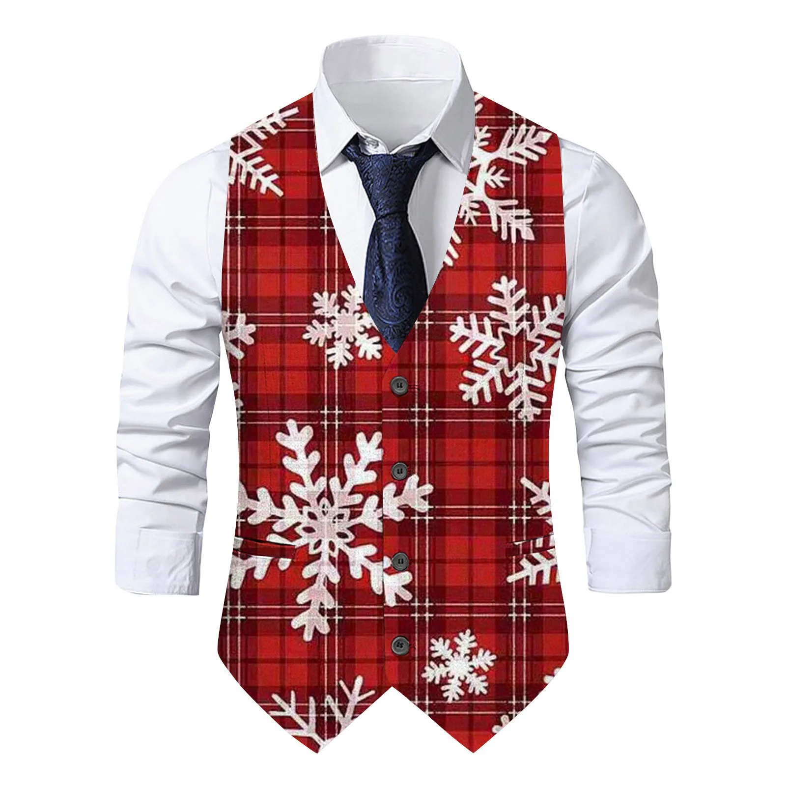 Christmas Snowflakes Printed Pocket Vest Jacket Single Breasted Sleeveless V Neck Blazer Winter Slim Fit Suit Vest for Men