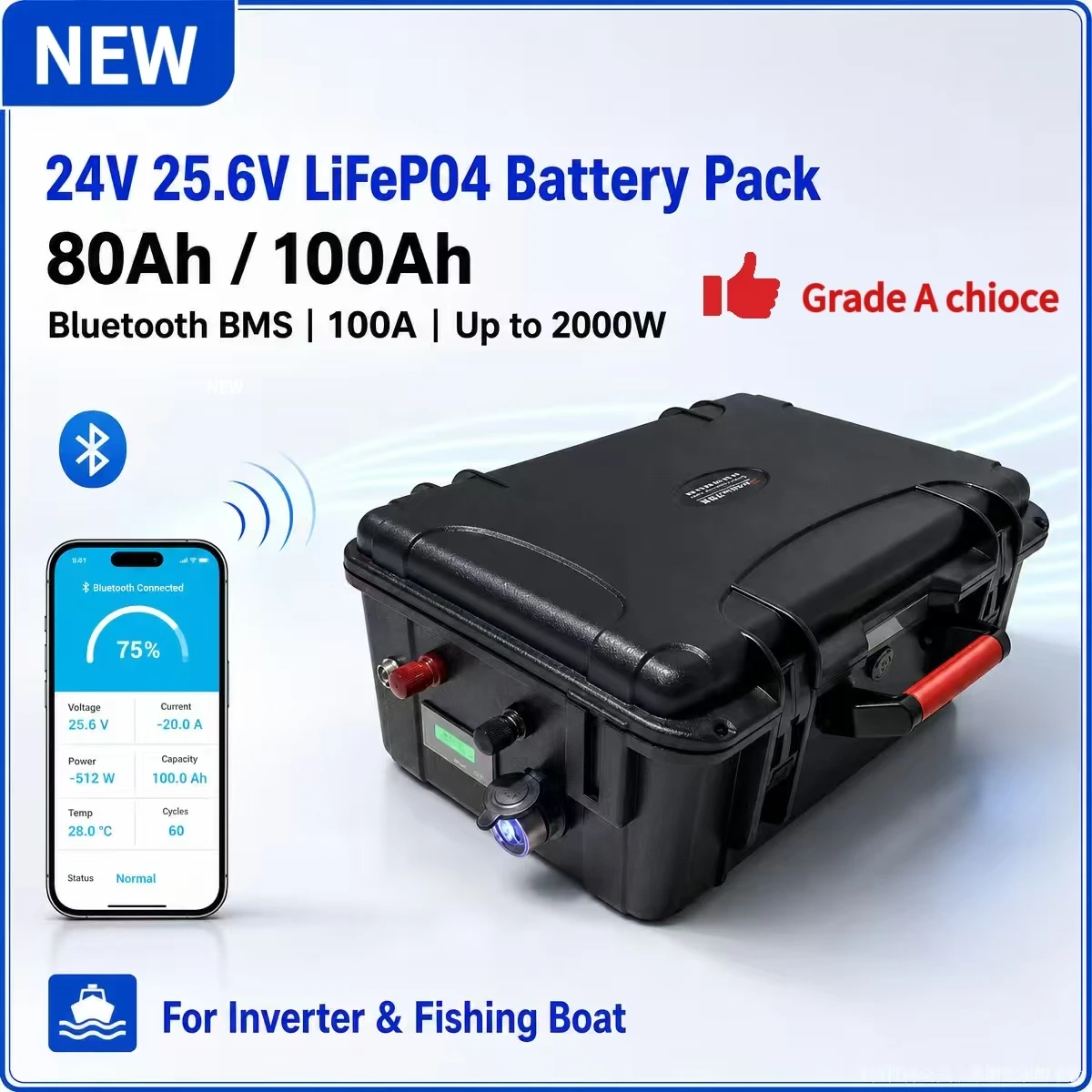8S 24V 25.6V 80AH 100AH Lifepo4 lithium​​ Battery pack with Bluetooth BMS 100A power supply 2000W for inverter fishing boat