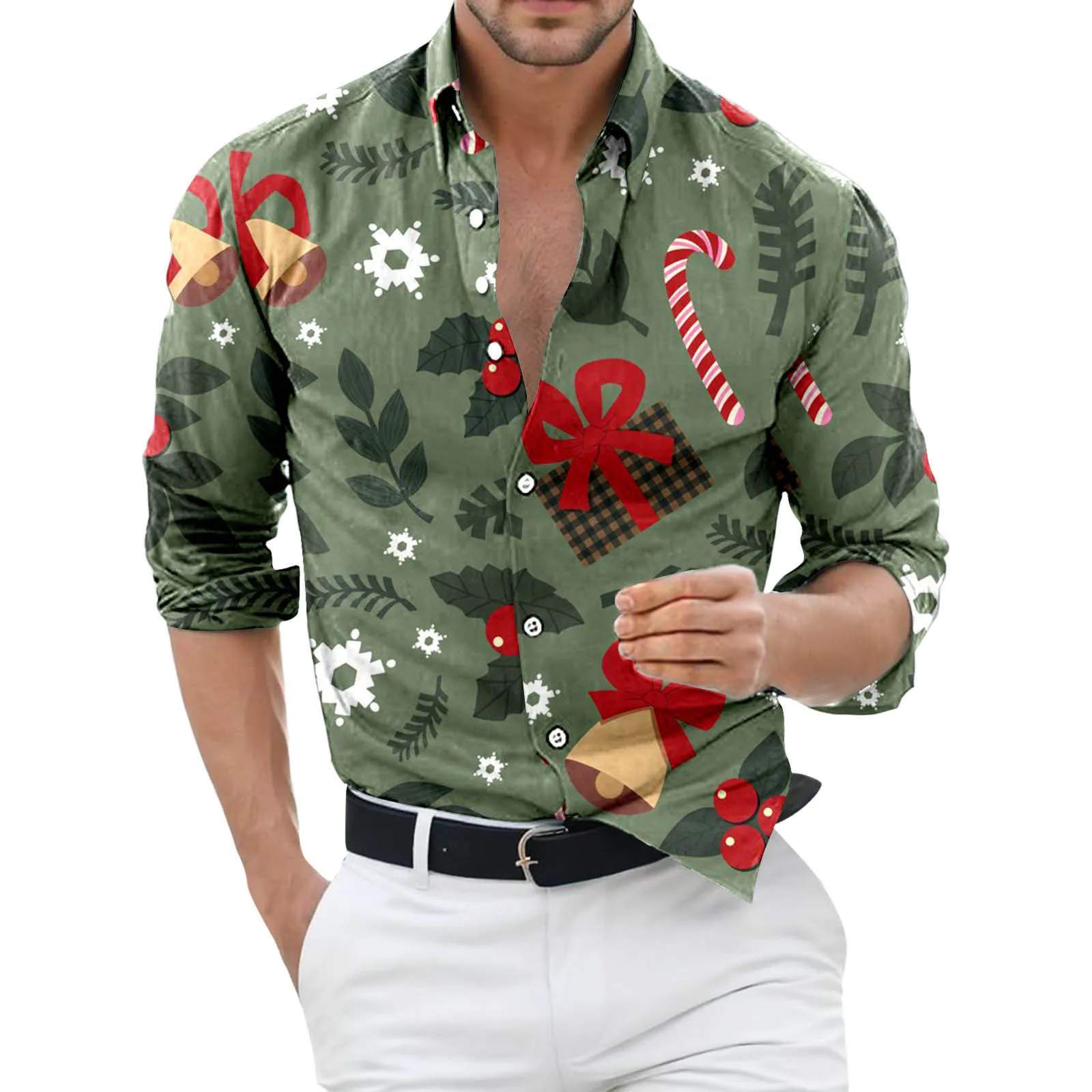 Mens Christmas Print Shirt Cartoon Santa Claus Printed Long Sleeve Fitness Tees Harajuku Stylish Xmas Business Party Shirts Male