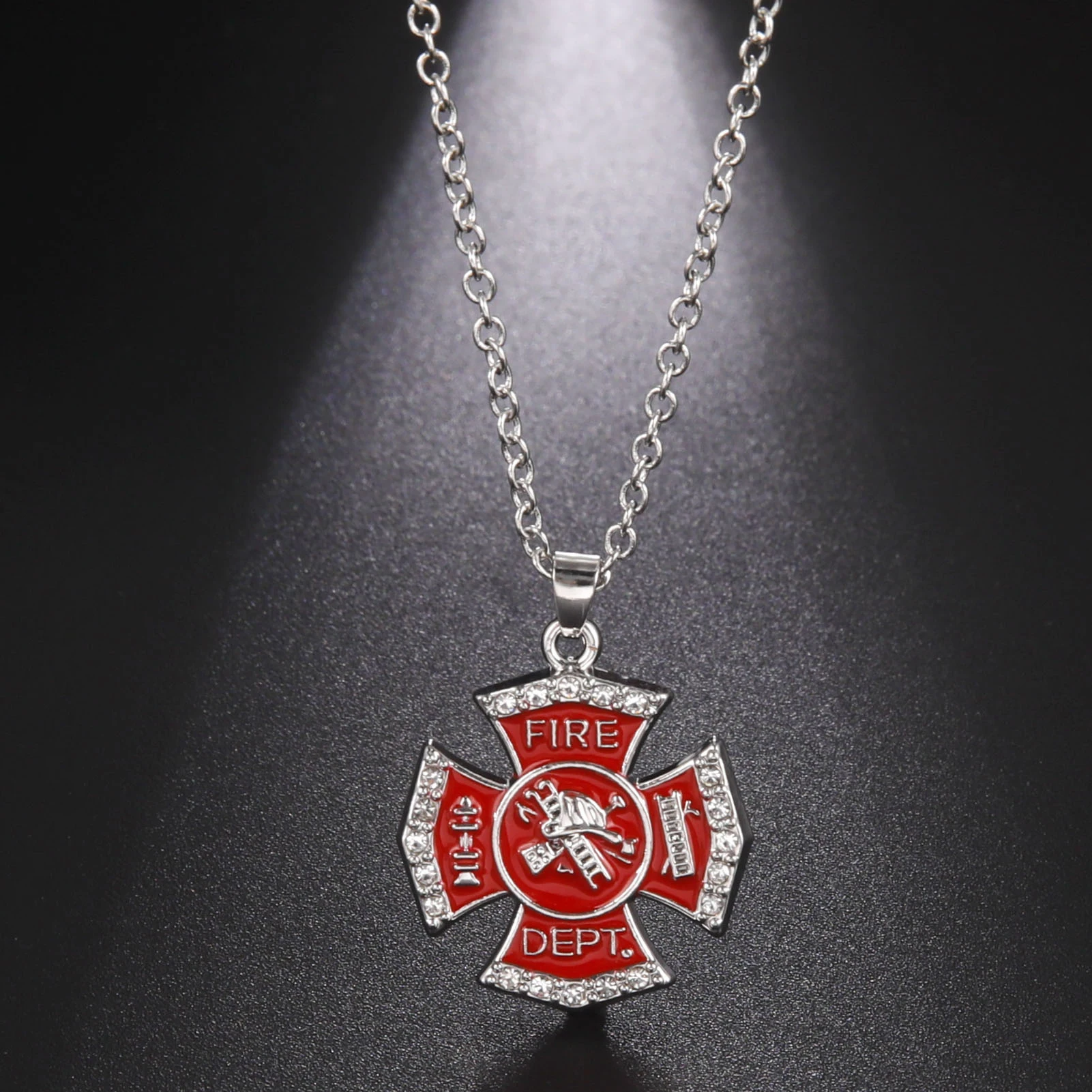 Fishhook Fire Alarm Dept Necklace Fireman Safe Life Red Chain Firefighter Sheld Gift For Man Woman Enamel Crystal Zircon Jewelry