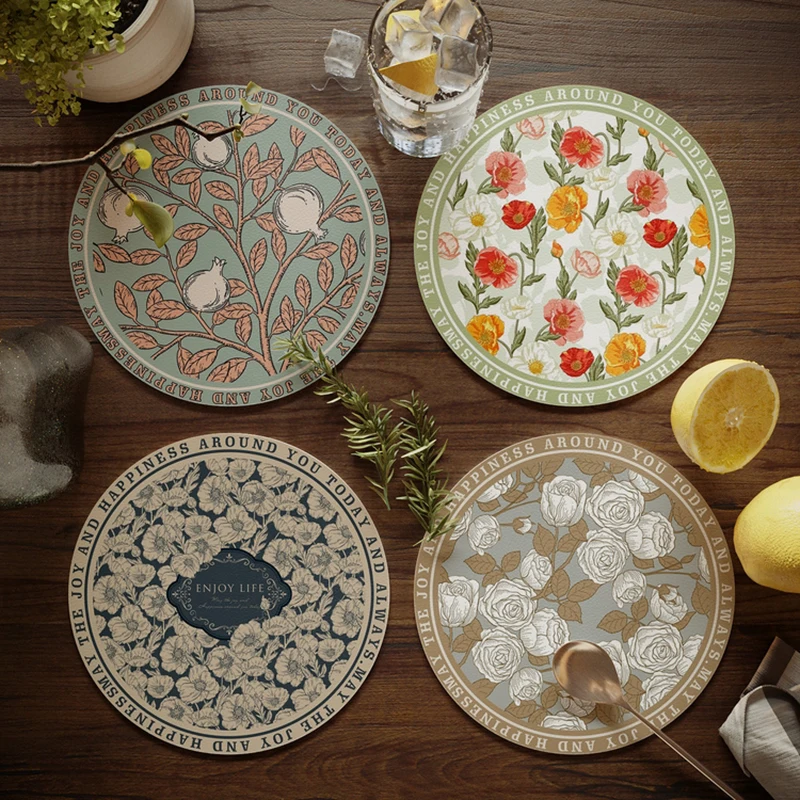 

4pc Luxury Round Leather Table Mat Nordic Insulation Pastoral Printed Placemat Waterproof Oilproof Heatinsulated Plate Bowl Pad