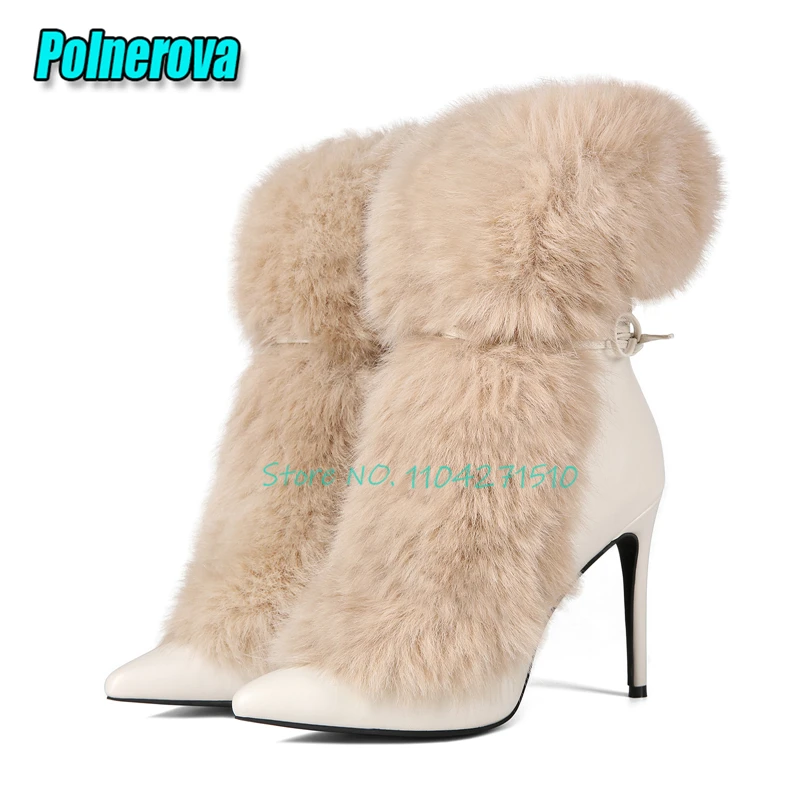 Plush Fur Pointed Toe Mid Calf Boots Sexy Solid Ankle Strap Lace-Up Stiletto Short Boots Autumn Winter Banquet Party Dress Shoes