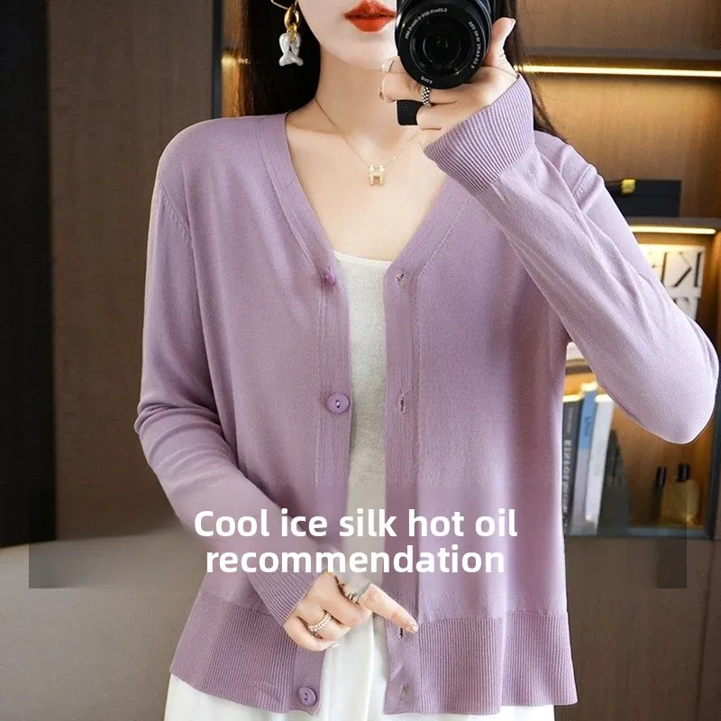 Ice Silk Knitted Cardigan Women's Thin Air Conditioning irt Summer with Strap Dr Small Outerwear awl Jaet V-ne Lon...