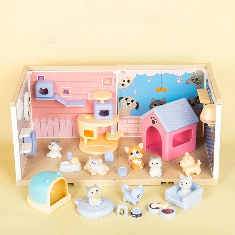 DIY Plastic Dollhouse Casa Miniature With Furniture Kit Mini Pet Dog House Dessert Room Assemble Toy for Children Christmas Gift