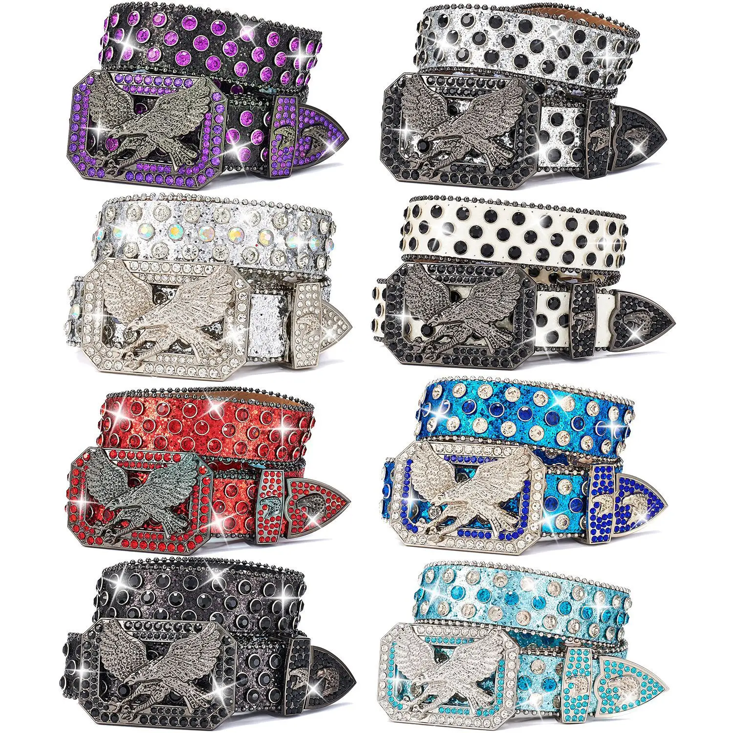 Bling Purple Blue Geen PU Leather Sequined Waist Belts 120CM Unisex Punk Rivet Jeans Belt Rock Flying Eagle Rhinestone Ceintures
