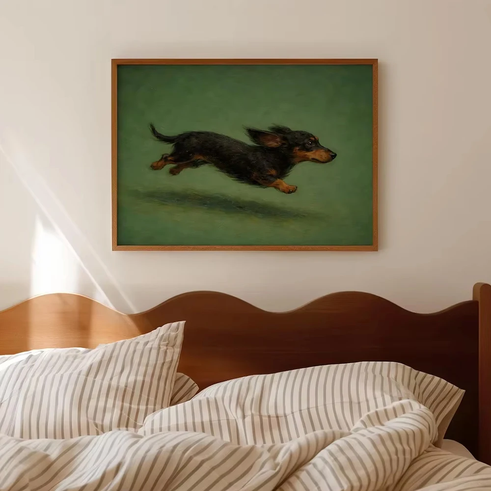 Classic Oil Painting Dachshund Wall Poster Print Decor Timeless Illustration of A Energetic Black-and-Tan Dachshund Mid-Leap