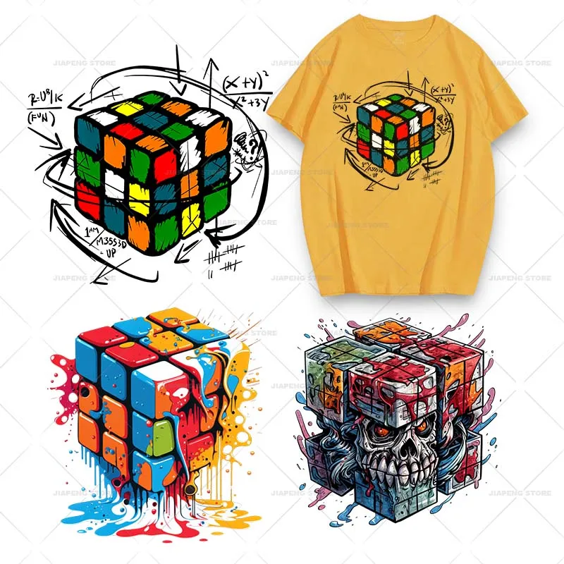 Fashion Colorful Rubik's Cube Print Stickers Iron on Heat Transfers For Clothes Cartoon Cool Thermal on T-shirt Appliques Decor