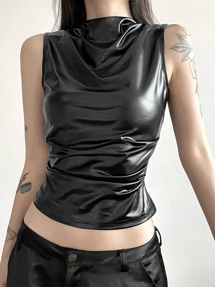 Preto feminino Folds Short Crop Top, Streetwear, Slim, sem mangas, O-pescoço, pulôver, moda verão