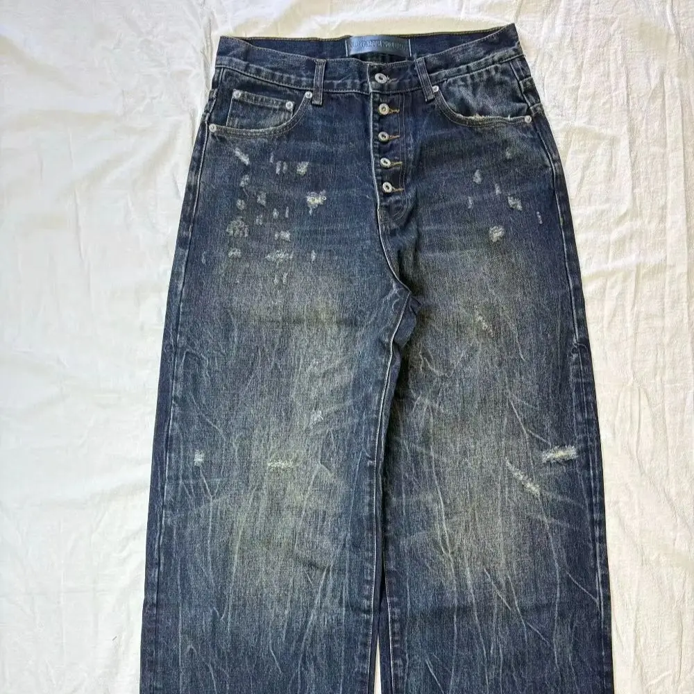 No faith studios Japanese twill washed midnight indigo baggy buckle jeans