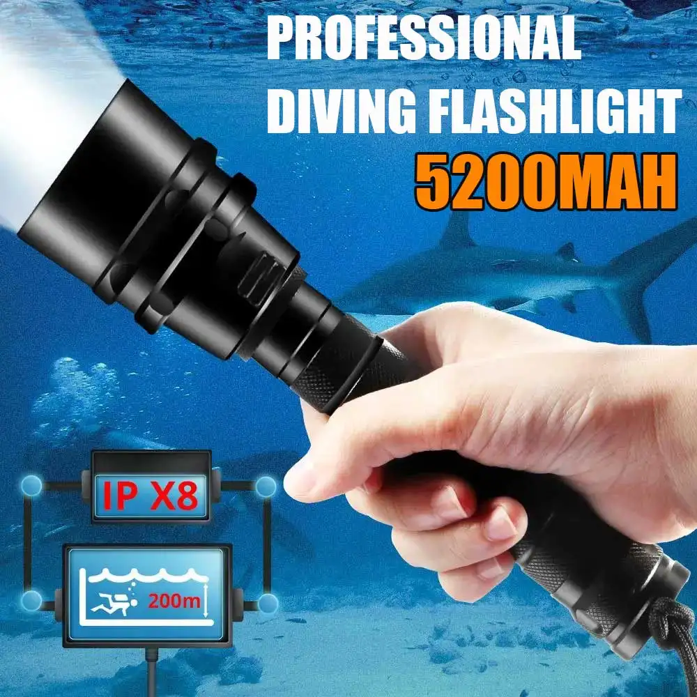 Underwater 200 Meter Scuba Diving Light Professional Powerful 8000lm 5200MAH Dive Flashlight Torch Flash light By 18650 battery