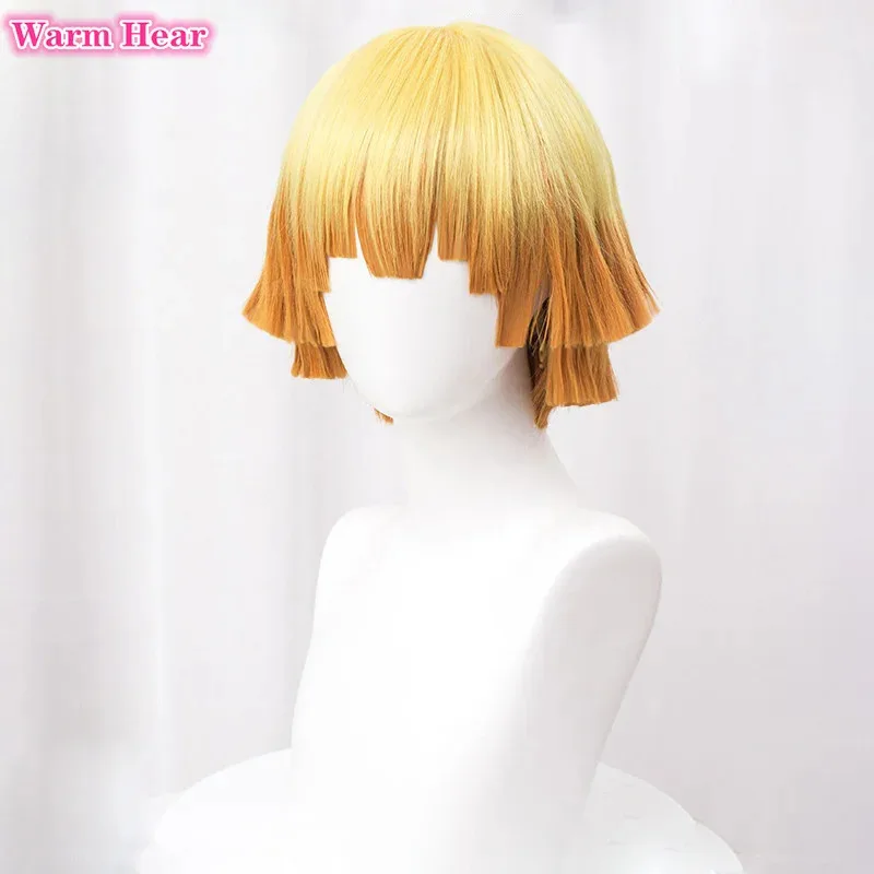 Anime Agatsuma Zenitsu Cosplay Wig Short 30cm Yellow Gradient Orange Wig Heat Resistant Synthetic Men Wigs Halloween + Wig Cap