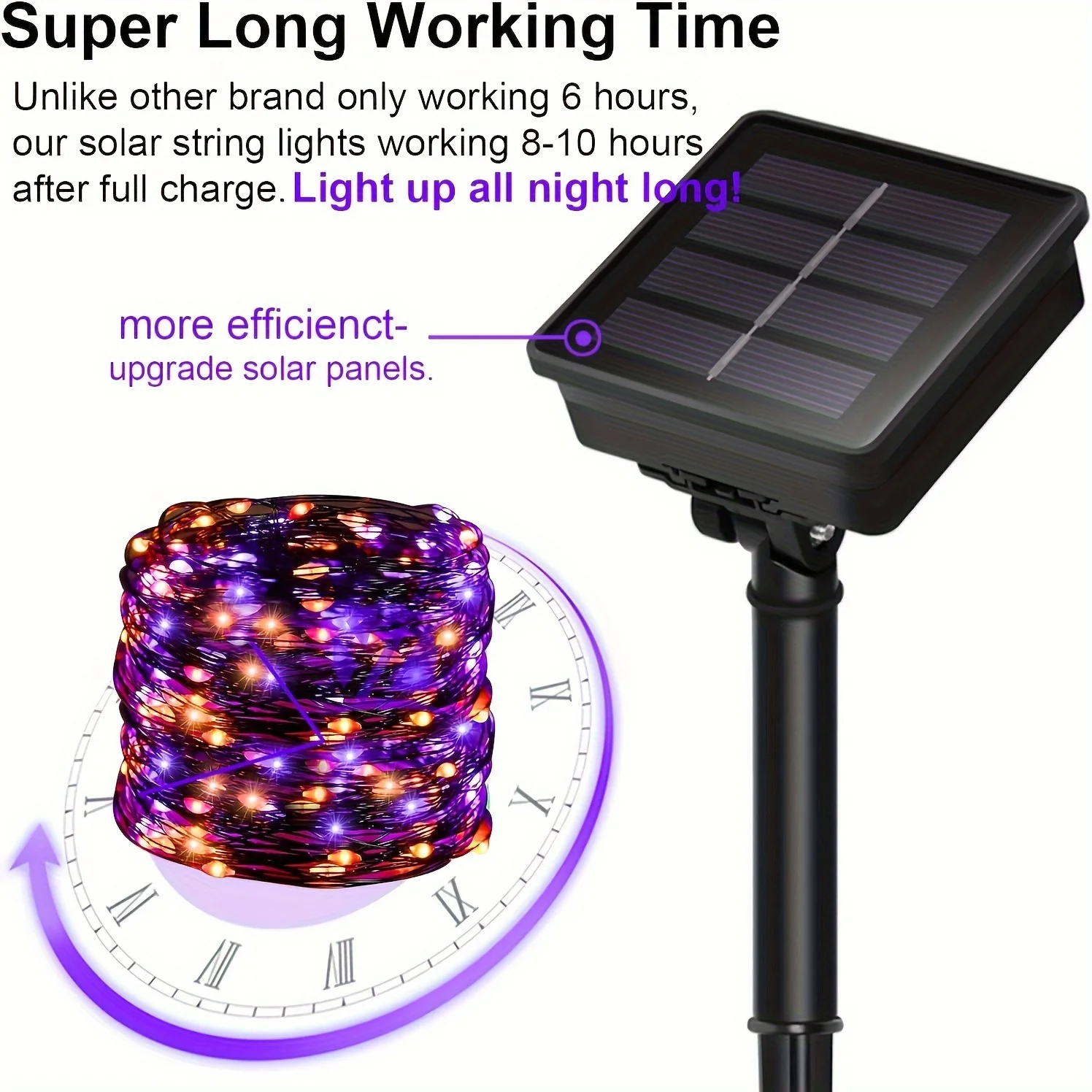 Solar Power Halloween String Lights, Laranja e Roxo, Fairy Lights, Jardim ao ar livre, Balcony Party, 200 LEDs