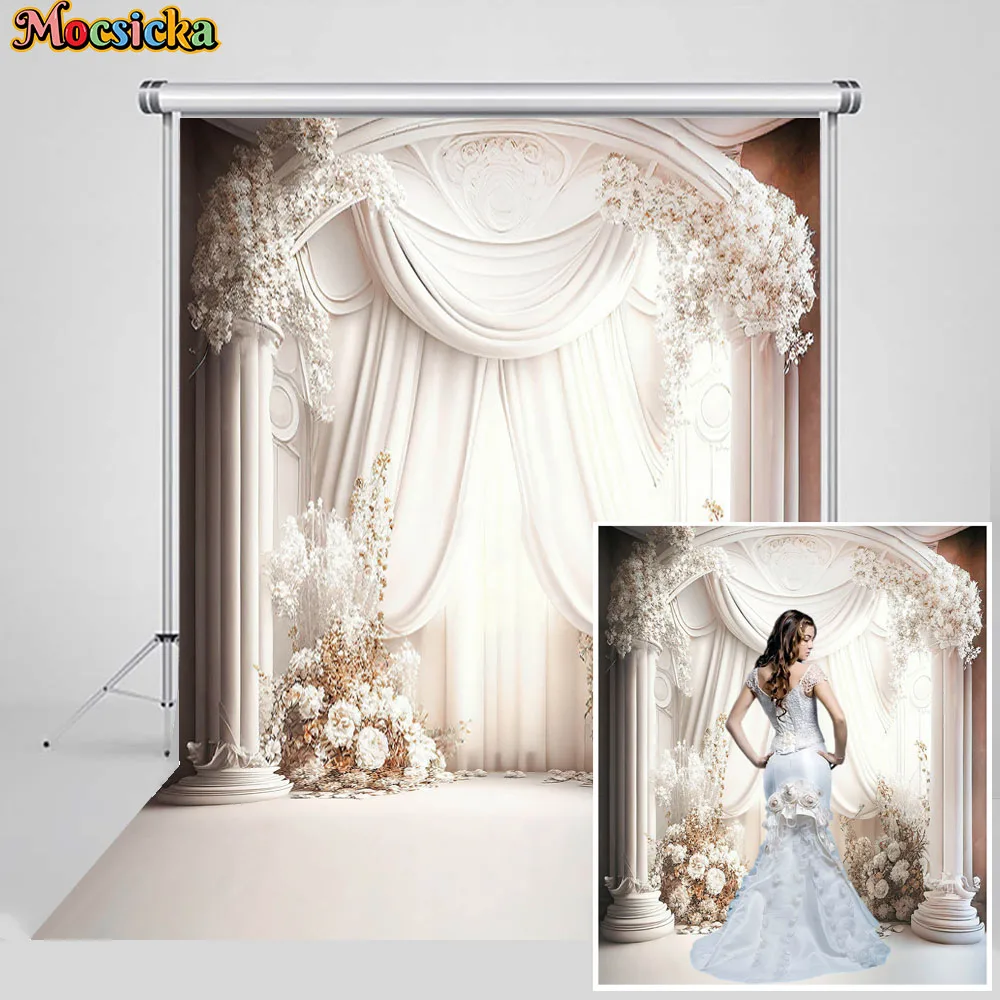 

Retro Wedding Bridal Shower Decor Background White Stone Column Curtain Flower Photography Backdrop Girl Portrait Studio Photo