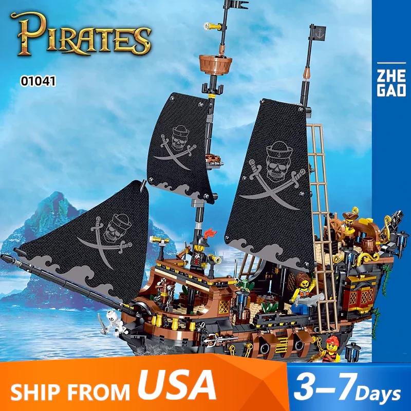 Historical Pirates MOC ZHEGAO 01041 Priate Ship Sailboat Model 1328PCS Building Blocks Brick Puzzle Toys for Children Kids Gift