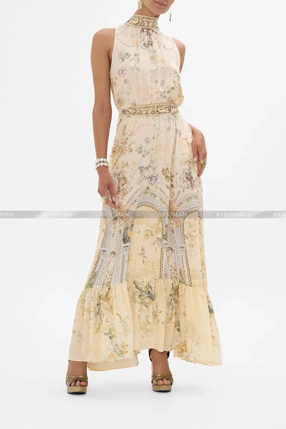 Women Ribbon Bow Collar Heavy Beaded Retro Flower Print Sleeveless Waistband Long Silk Dress